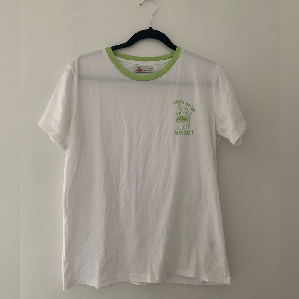 White and Green Going Green Mushroom Graphic Tee